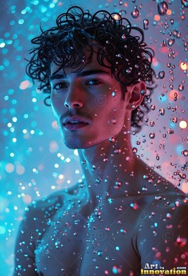 A shirtless young man covered in raindrops under blue and red lights