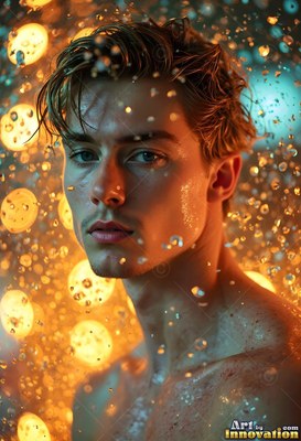 Wet messy hair frames a shirtless young man surrounded by falling yellow water droplets