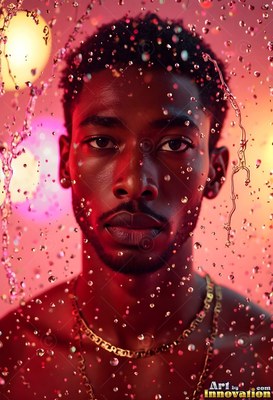 A man looks forward through descending water drops illuminated by warm pink light