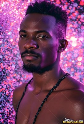 Turned slightly, a shirtless man standing in falling pink glitter sparks