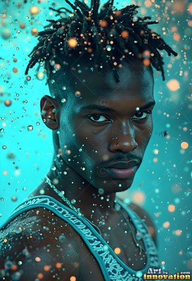 A wet young man in a tank top looks out through floating drops of water in blue light
