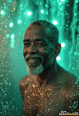 In green light, an older man with a gray beard smiles in water falling down drops