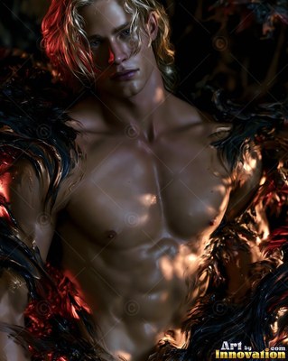 Emerging from dark swirls, a blond shirtless man peers forward in warm red light