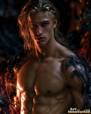 Wet blond hair falls over the face of a shirtless man standing in dark shadows