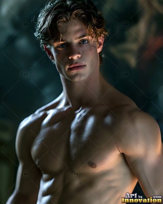 A shirtless man looking forward with wet hair, his chest caught in soft cool light