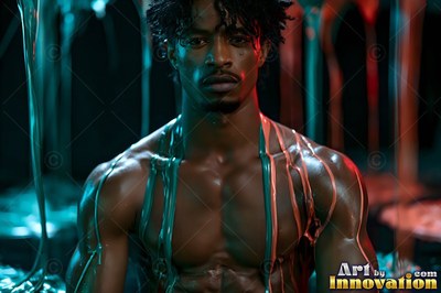 Facing forward, a shirtless man standing in the dark under streams of teal and red paint