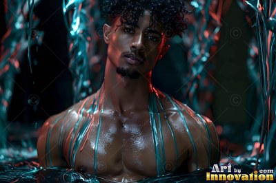 In dark water, a bare-chested man stands under pouring teal liquid with red highlights