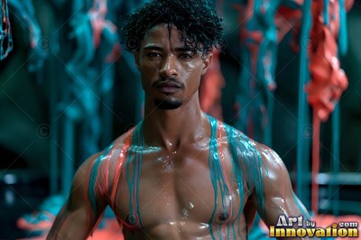 Standing bare-chested, a man looks ahead while wet teal and coral paint drips on him