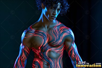 A shirtless man with red swirling lines in cool blue light
