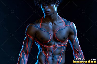 Red and blue lines across his chest, a shirtless man standing in dark blue light