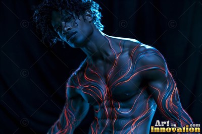 A shirtless man turns slightly in deep blue light with bright orange lines painted on his skin