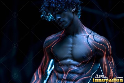 Looking down, a man without a shirt stands in dark blue shadow with orange lines on his skin