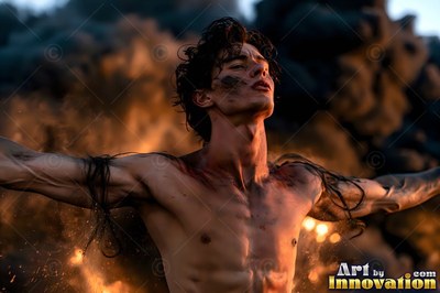 A shirtless man spreads his arms wide before a warm orange fire outdoors
