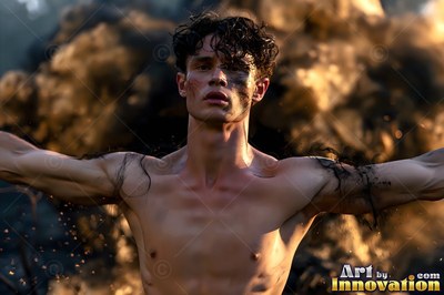 Spreading his arms wide, a shirtless young man stands in warm smoke and flying sparks