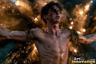 Shirtless man with open arms in bright yellow spray