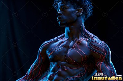 Red wavy lines trace the bare chest of a muscular man looking sideways in blue light