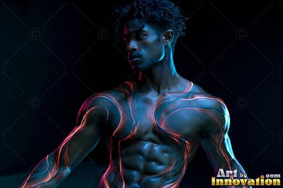 A shirtless man looking to the side with orange and blue light mapped across his skin