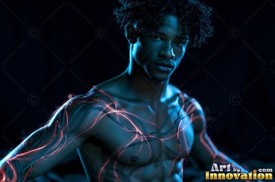 Facing forward in the dark, a shirtless man has red lines over his chest