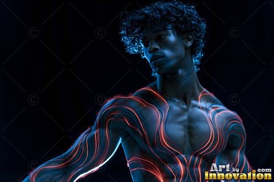 A shirtless man with wavy red lines across his chest in blue light