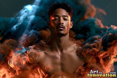 In clouds of orange and blue smoke, a shirtless man gazes forward