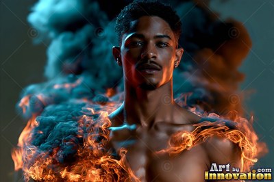 Standing bare-chested, a man looks forward wrapped in orange fire and dark smoke