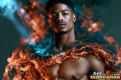 Shirtless man wrapped in orange and blue smoke