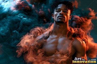Bare-chested with short dreadlocks, a man stands in thick orange and teal smoke
