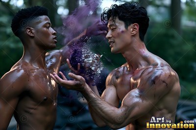 Two shirtless men throw purple powder between their hands under soft forest light