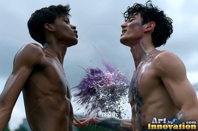Facing each other outdoors, two shirtless men catch a burst of purple powder