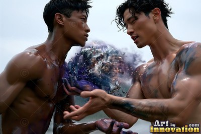 Two shirtless men hold a burst of sparkling purple powder between their hands