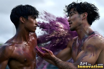 Outdoors, two shirtless men face each other as purple powder bursts between them