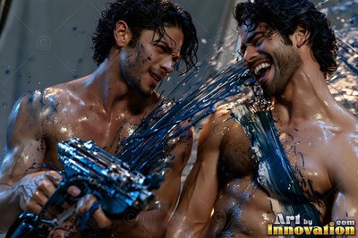 Two shirtless men laughing as one sprays dark blue paint under cool studio light