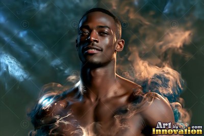 Turned toward the light in dark clouds, a bare-chested Black man smiles