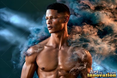 A shirtless man looks away with blue and orange smoke curling around him