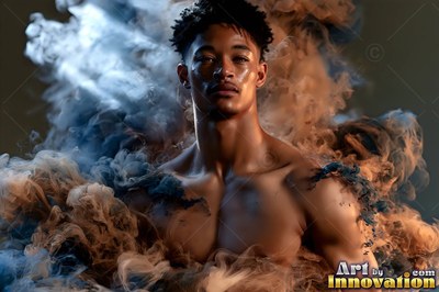 In thick blue and brown smoke, a bare-chested young man stares forward