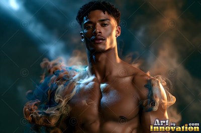 Facing forward, a bare-chested man standing in swirls of blue and orange smoke