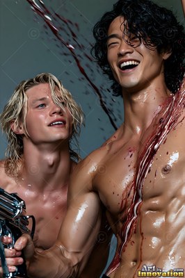 Two shirtless men smiling as dark red liquid splashes them