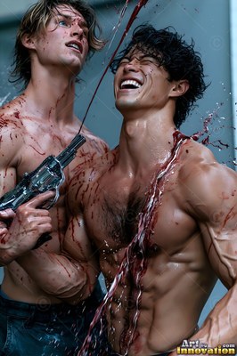 Splashes of dark red liquid cover two shirtless, muscular men standing close together outdoors