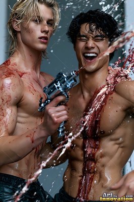 Standing close together in a studio, two shirtless men get splashed with red water