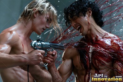 A shirtless man points a chrome gun at another bleeding man in the water spray