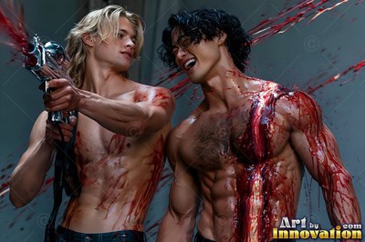 Against a gray wall, two shirtless men stand covered in splashes of red paint