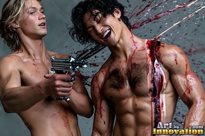 Two shirtless men covered in red paint from a toy gun
