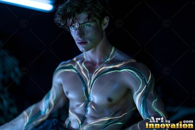 Green painted vines on the torso of a shirtless man sitting in dark blue light