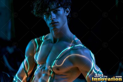 Turned sideways in the dark, a shirtless man is lit by bright neon lines across his chest