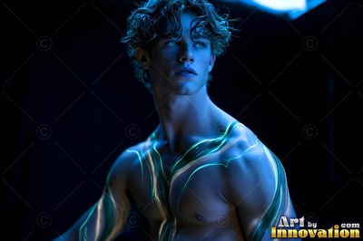A shirtless young man looks up with blue and green light lines across his chest