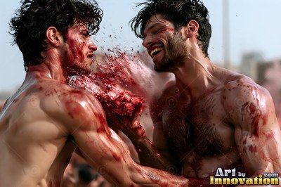 Under bright daylight, two shirtless men laugh while throwing red powder at each other