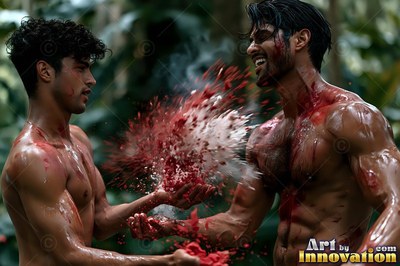 Throwing red and white powder at each other, two shirtless men laugh outdoors