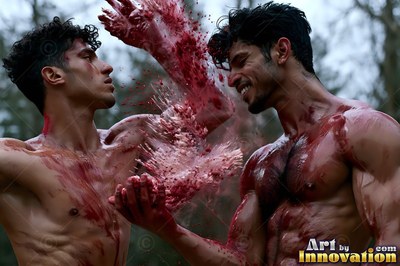 Two shirtless men covered in red paint fighting outdoors