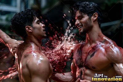 Wet curls and painted skin on two muscular men smiling together as red water splashes between them in dark light