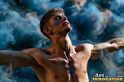 A shirtless man tilts his head back with open arms inside blue smoke clouds